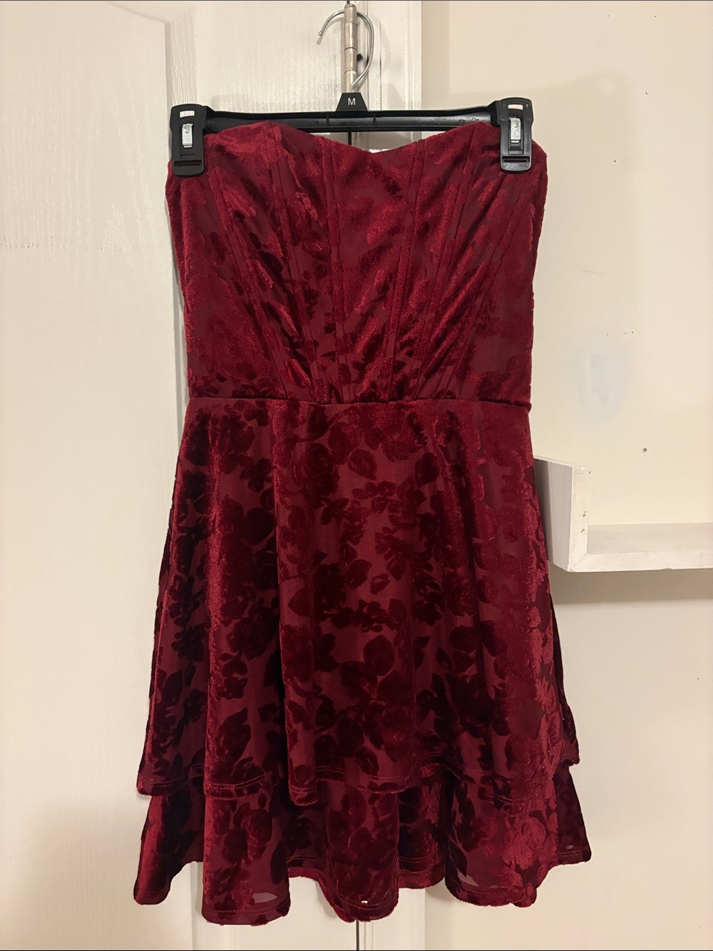 Altar'd State Strapless Burgundy Floral Velvet Mini Dress